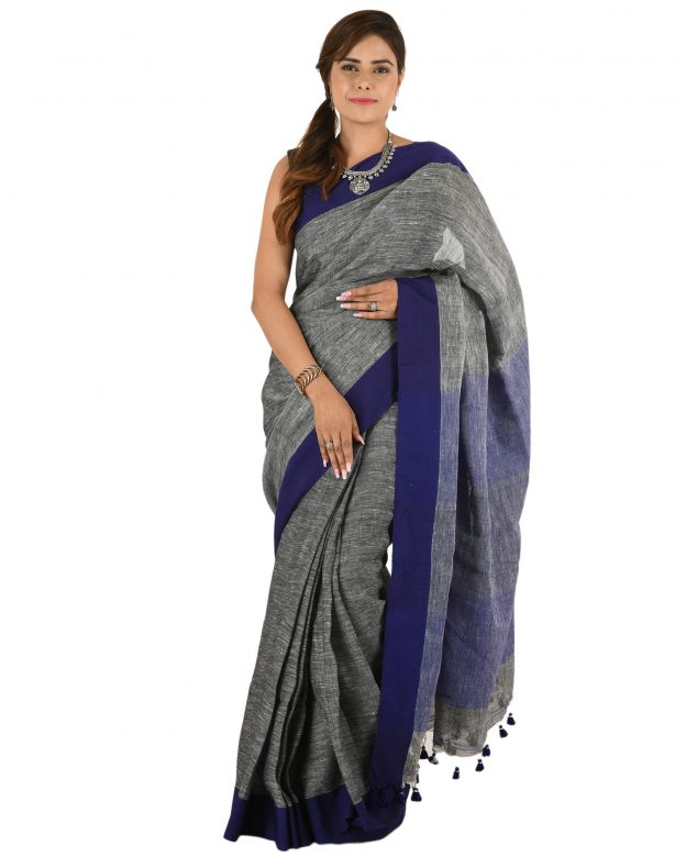 Grey Plain Stripes Linen Saree