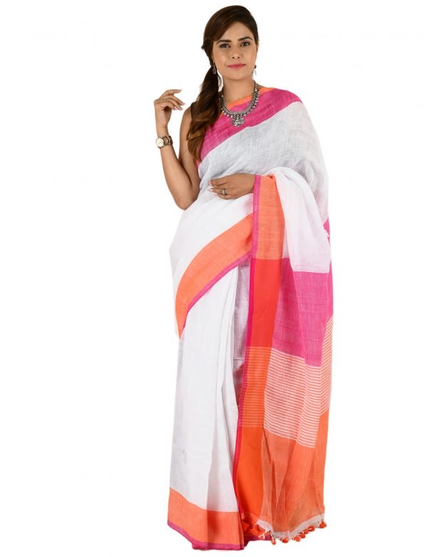White Plain Stripes Linen Saree