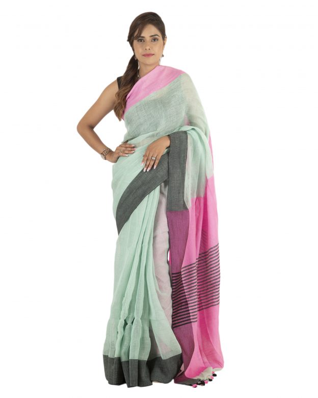 Green Plain Stripes Linen Saree