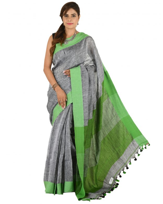 Grey Plain Stripes Linen Saree