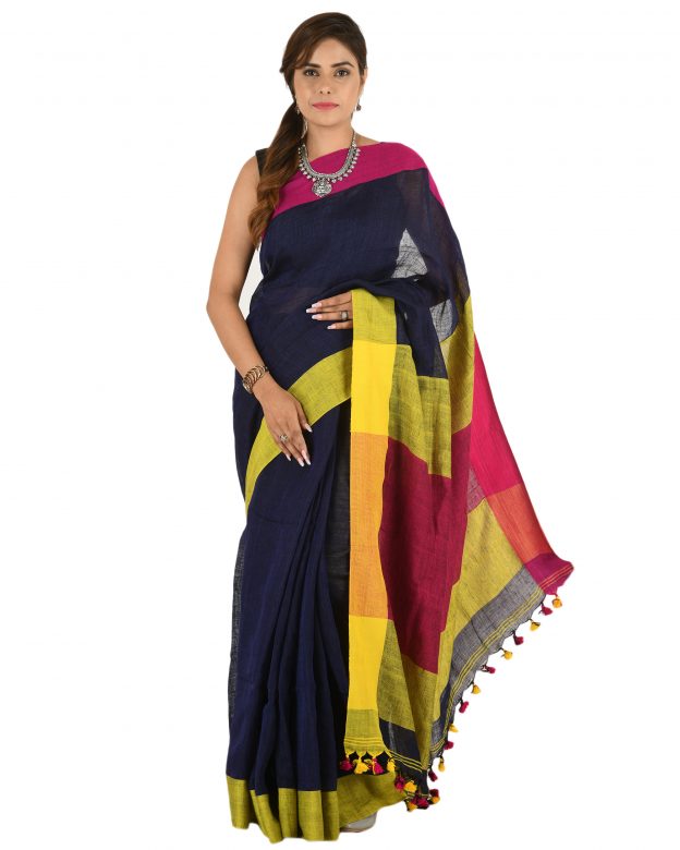 Navy Blue Plain Stripes Linen Saree