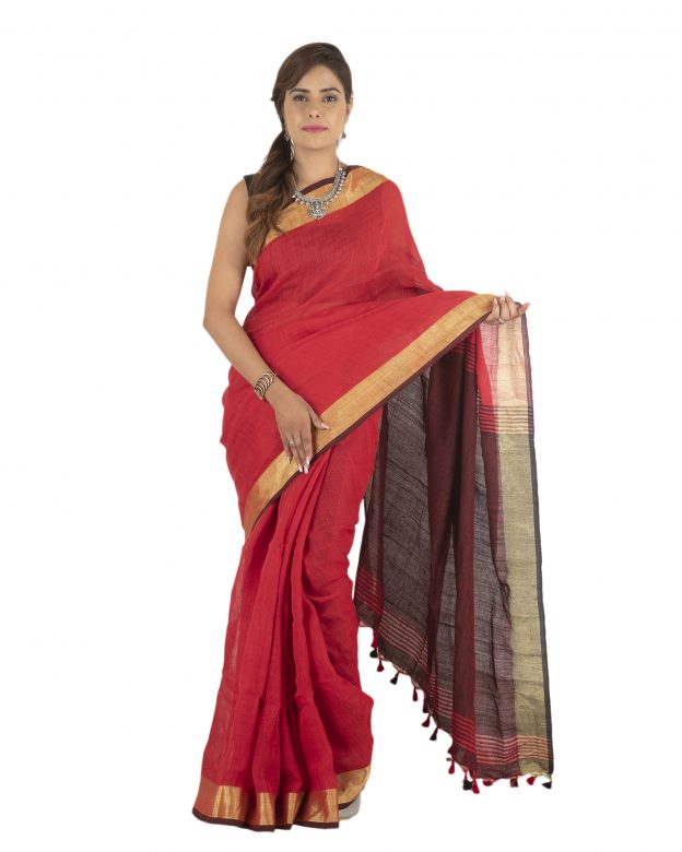 Red Plain Stripes Linen Saree