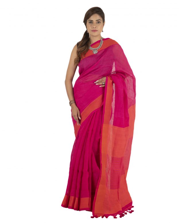 Pink Plain Stripes Linen Saree
