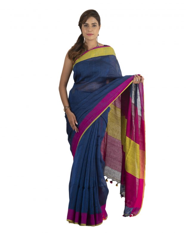 Navy Blue Plain Stripes Linen Saree