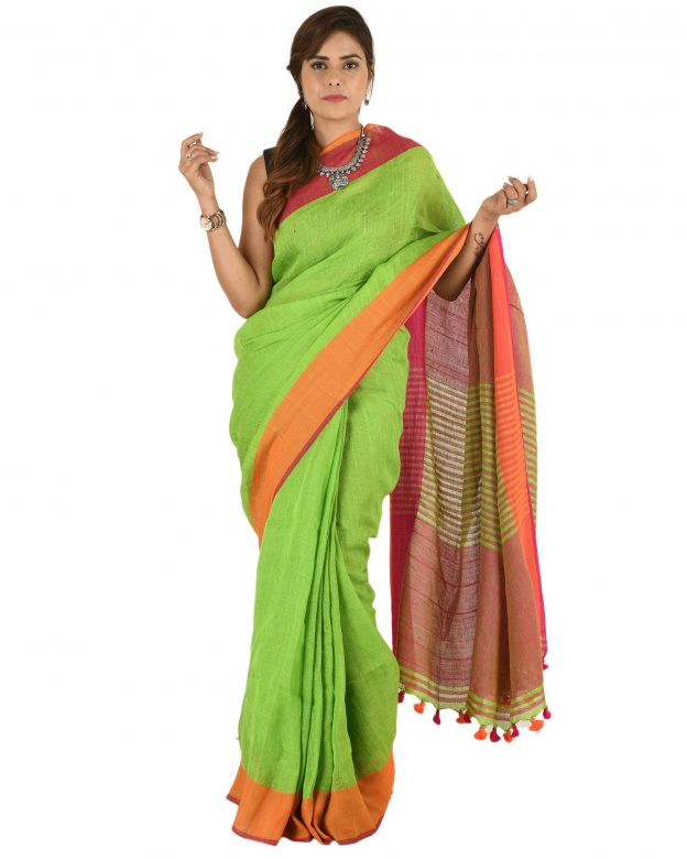 Green Plain Stripes Linen Saree