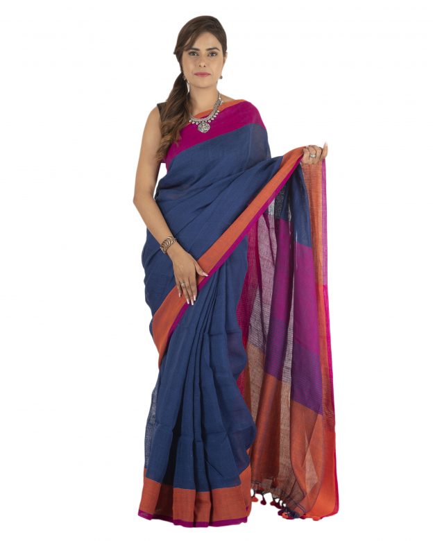 Blue Plain Stripes Linen Saree