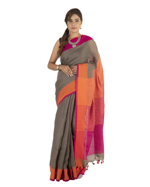 Grey Plain Stripes Linen Saree