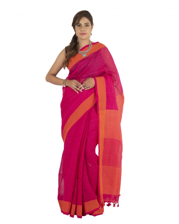 Pink Plain Stripes Linen Saree