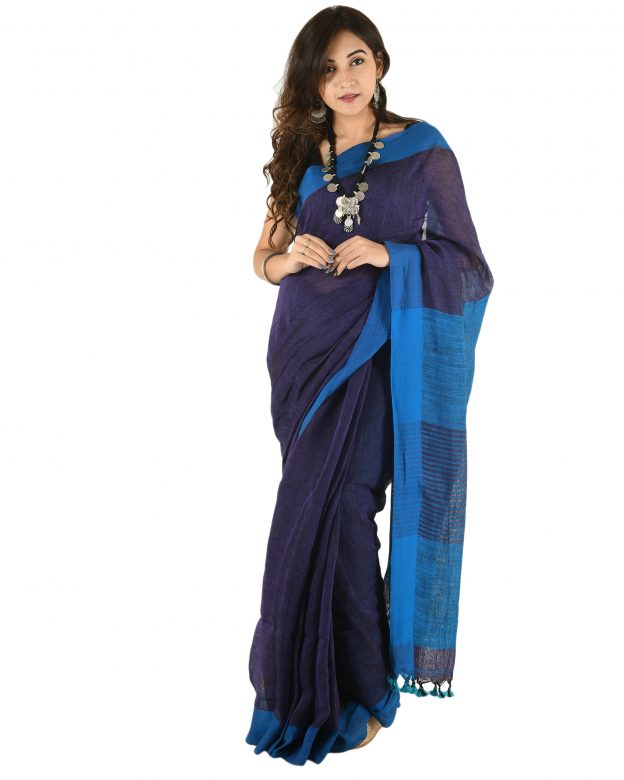 Navy Blue Plain Stripes Linen Saree