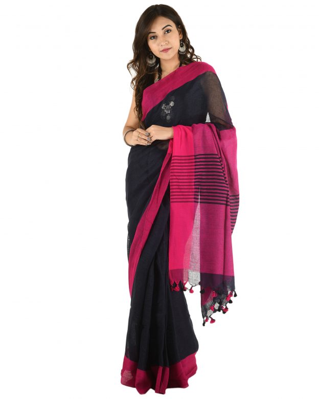Black Plain Stripes Linen Saree