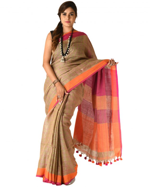 Brown Plain Stripes Linen Saree