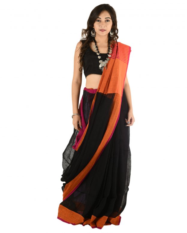 Black Plain Stripes Linen Saree