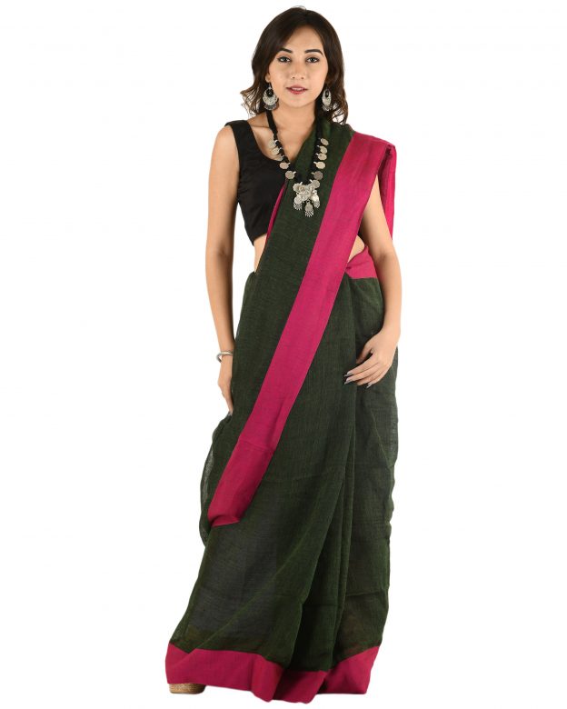 Olive Green Plain Stripes Linen Saree