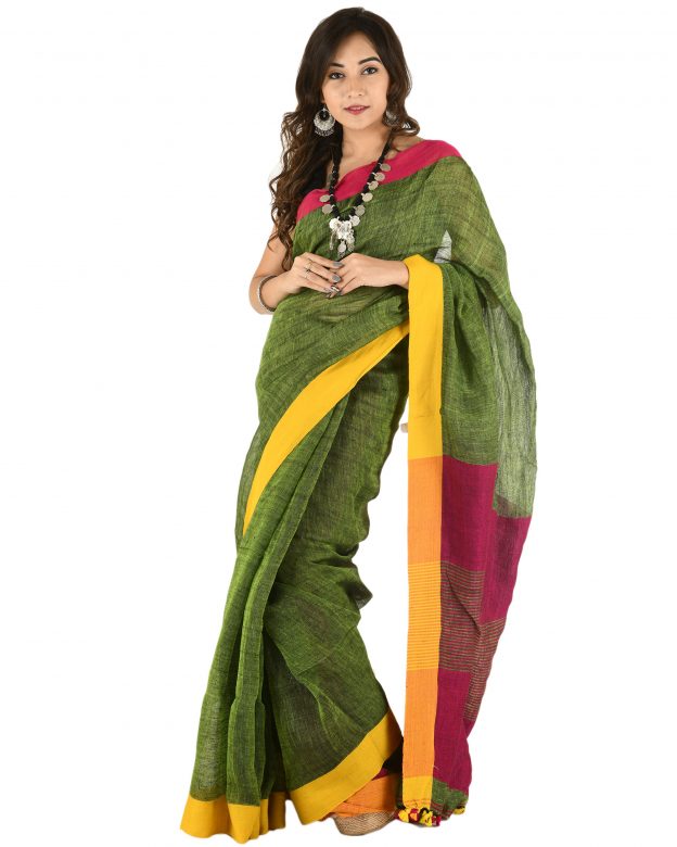 Green Plain Stripes Linen Saree