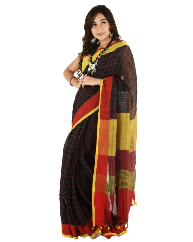 Black Plain Stripes Linen Saree