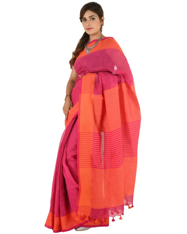 Pink Plain Stripes Linen Saree