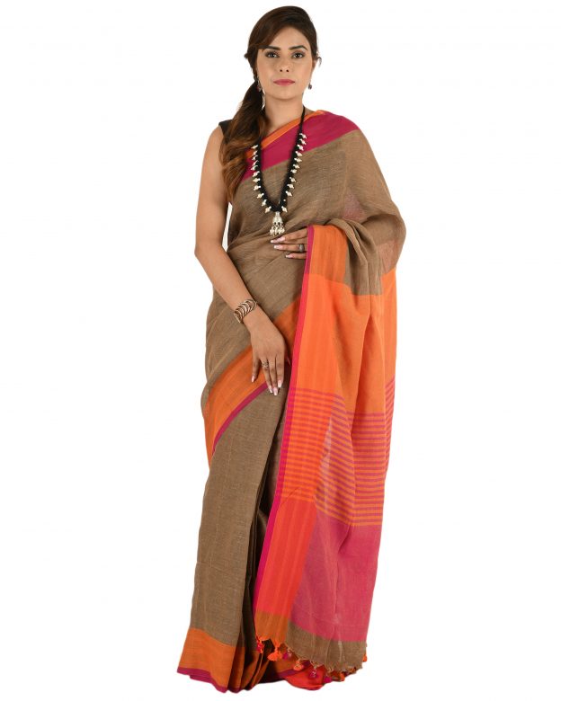 Brown Plain Stripes Linen Saree