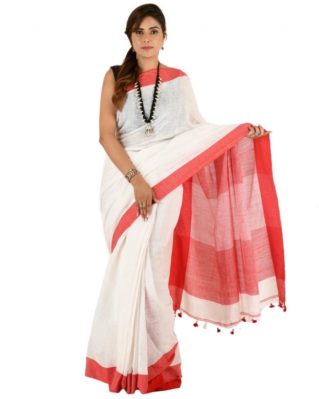 White Plain Stripes Linen Saree