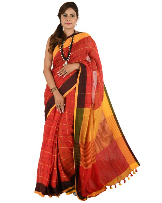 Orange Plain Stripes Linen Saree