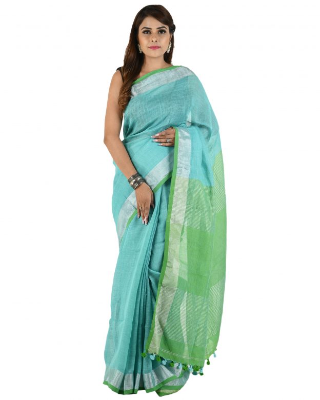 Handwoven Blue Zari Linen Saree