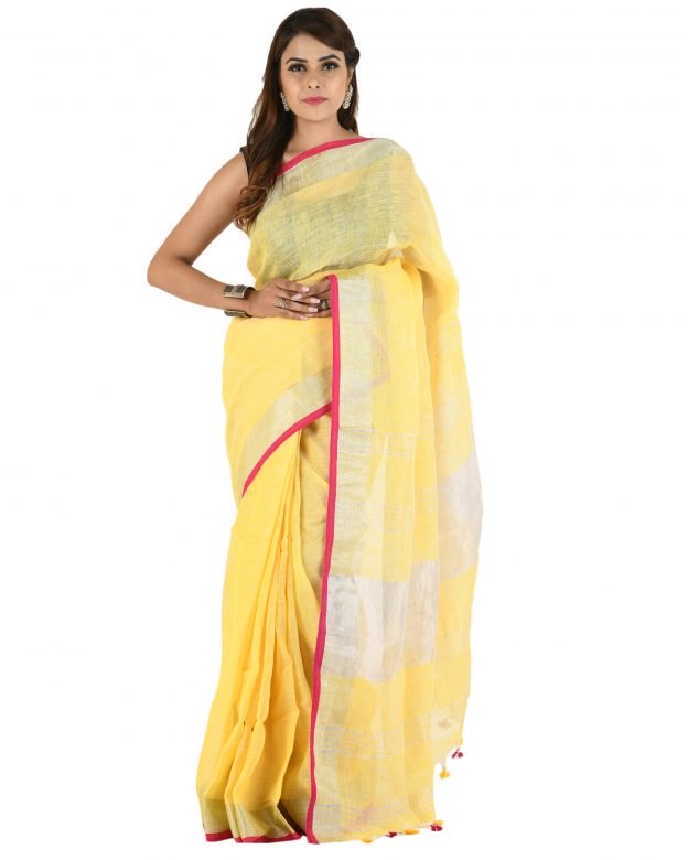Handwoven Yellow Zari Linen Saree