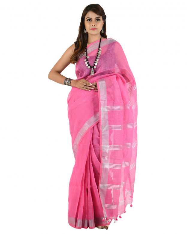 Handwoven Pink Zari Linen Saree