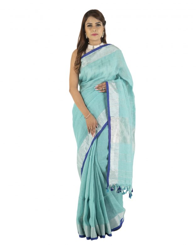 Handwoven Turquoise Blue Zari Linen Saree