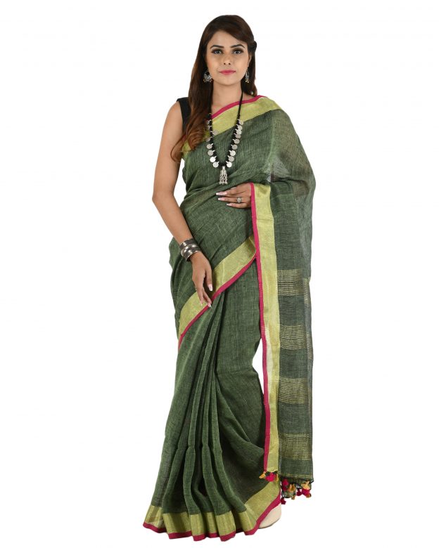Handwoven Green Zari Linen Saree