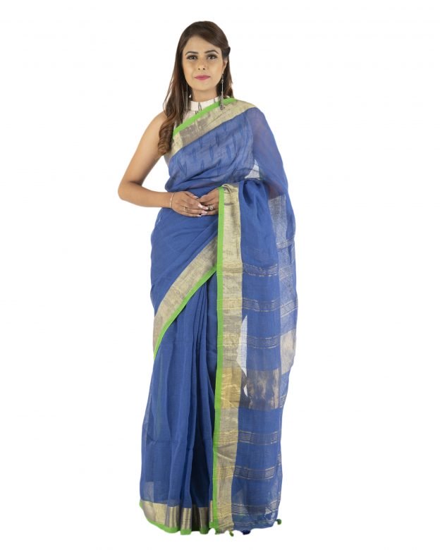 Blue Zari Linen Saree