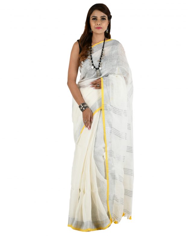 Handwoven White Zari Linen Saree