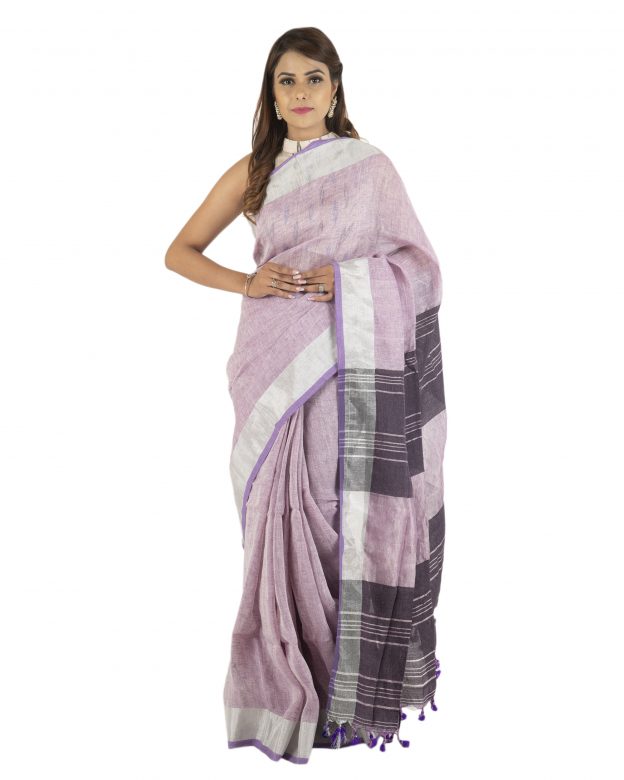 Handwoven Pink Zari Linen Saree