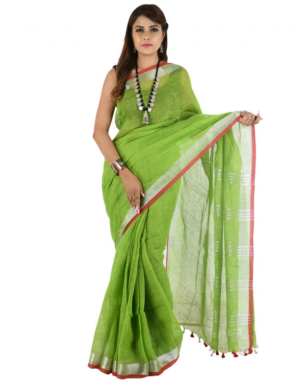Handwoven Green Zari Linen Saree