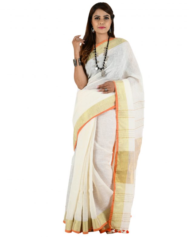 Handwoven Off White Zari Linen Saree
