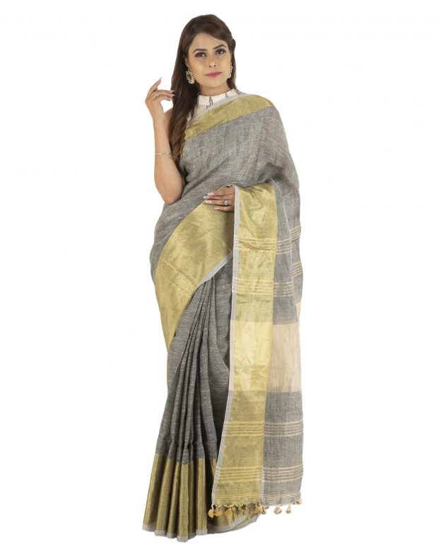 Handwoven Grey Zari Linen Saree