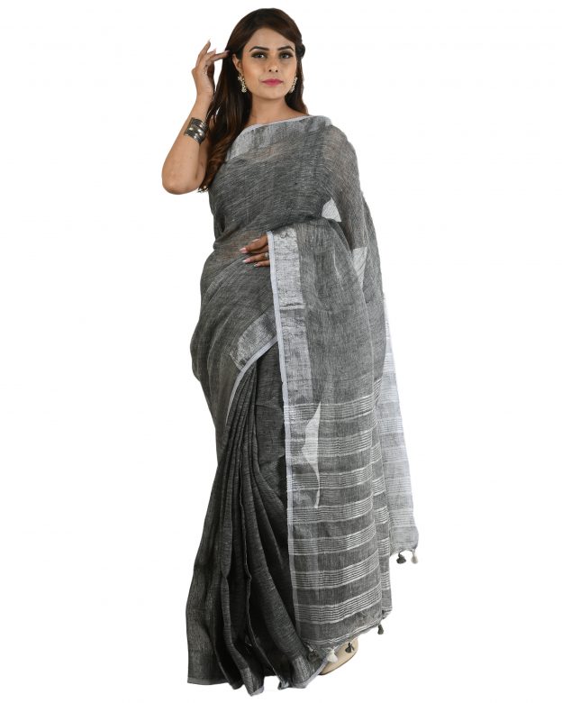 Handwoven Grey Zari Linen Saree