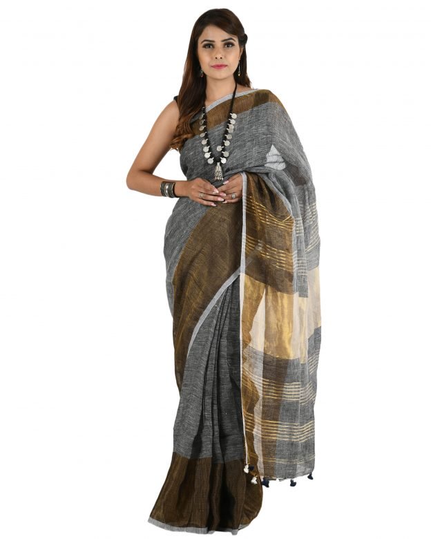 Handwoven Grey Zari Linen Saree