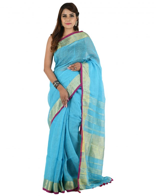 Handwoven Blue Zari Linen Saree