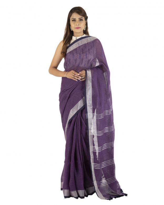 Handwoven Purple Zari Linen Saree