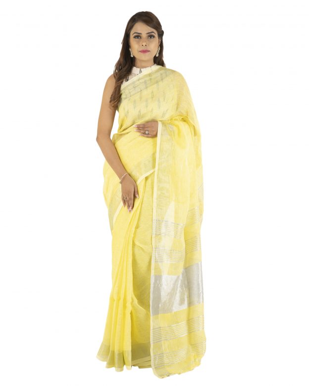 Handwoven Lime Zari Linen Saree
