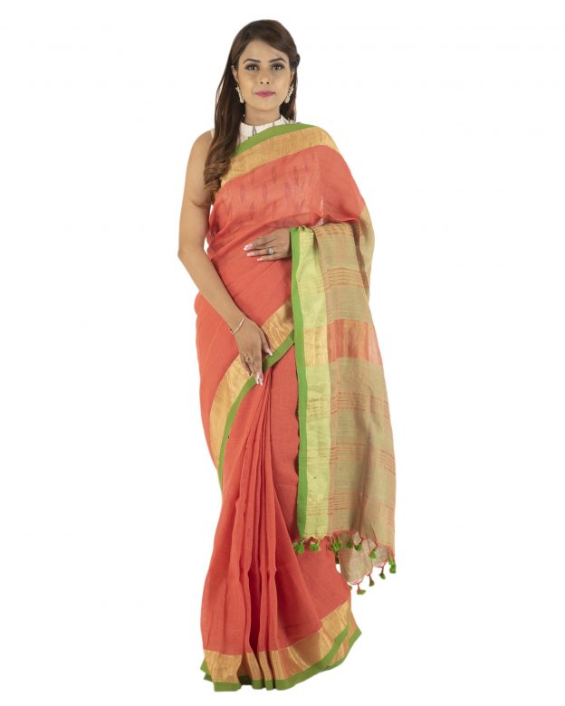 Handwoven Orange Zari Linen Saree