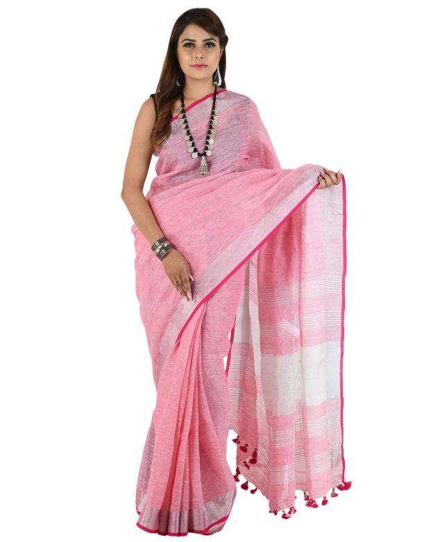 Handwoven Pink Zari Linen Saree