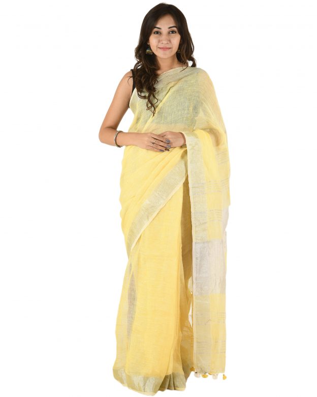 Yellow Plain Stripes Linen Saree