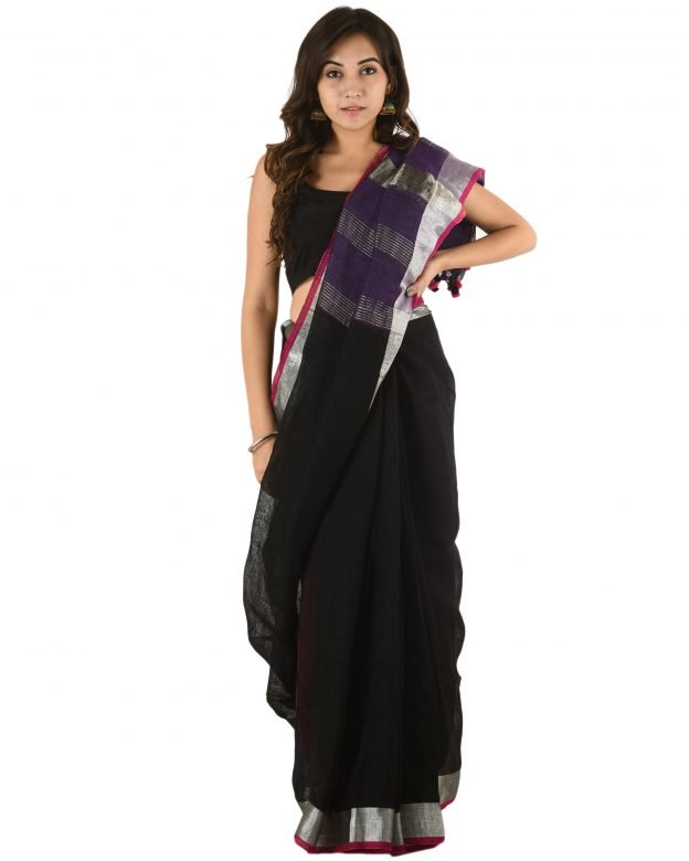 Black Plain Stripes Linen Saree