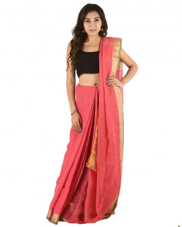 Peach Orange Plain Stripes Linen Saree