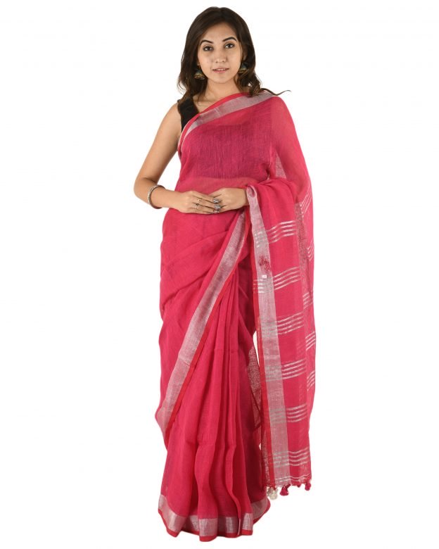 Pink Plain Stripes Linen Saree