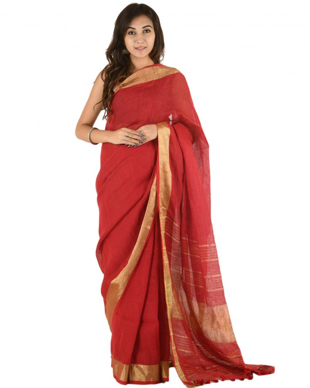 Red Plain Stripes Linen Saree