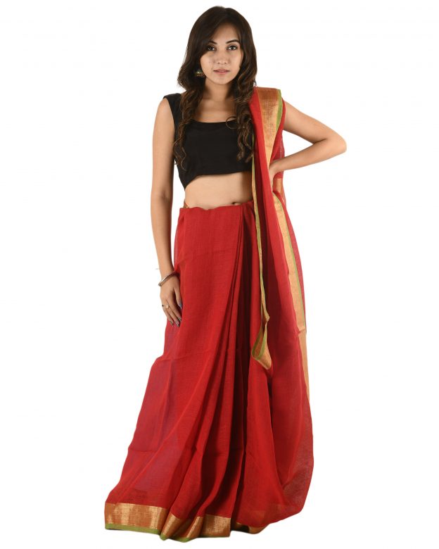 Red Plain Stripes Linen Saree