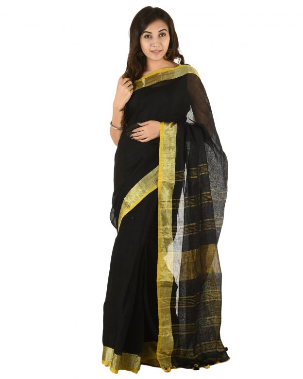 Black Plain Stripes Linen Saree