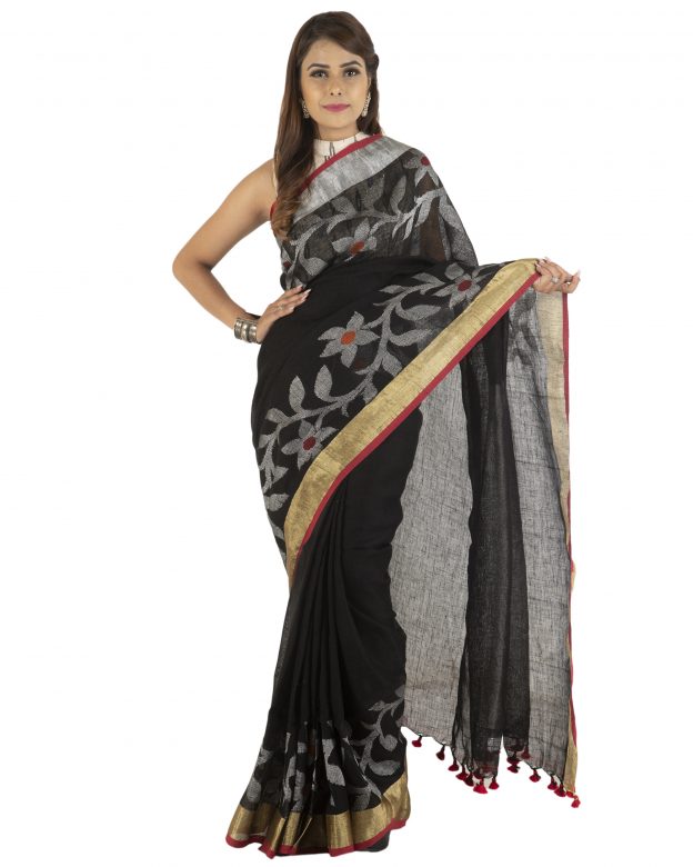 Handwoven Black Zari Linen Saree
