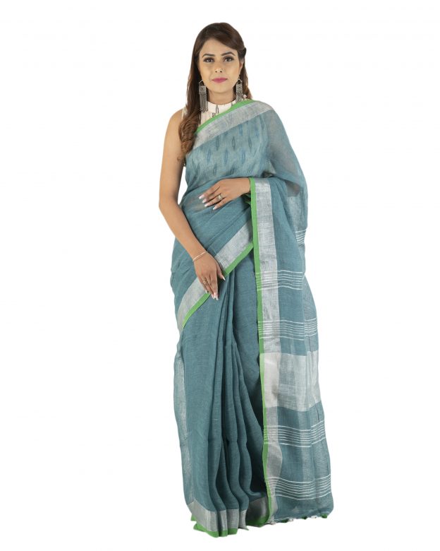Turquoise Blue Zari Linen Saree
